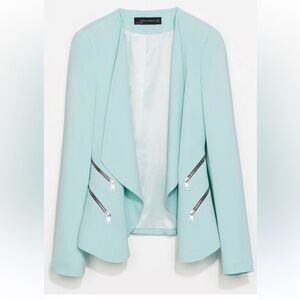 Zara Light Mint Open-Front Draped Blazer with Zipper Details